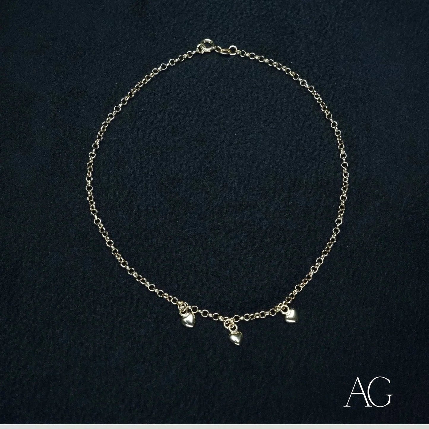 Delicate silver chain with three small pendant charms for 18k Gold Heart Charm Anklet