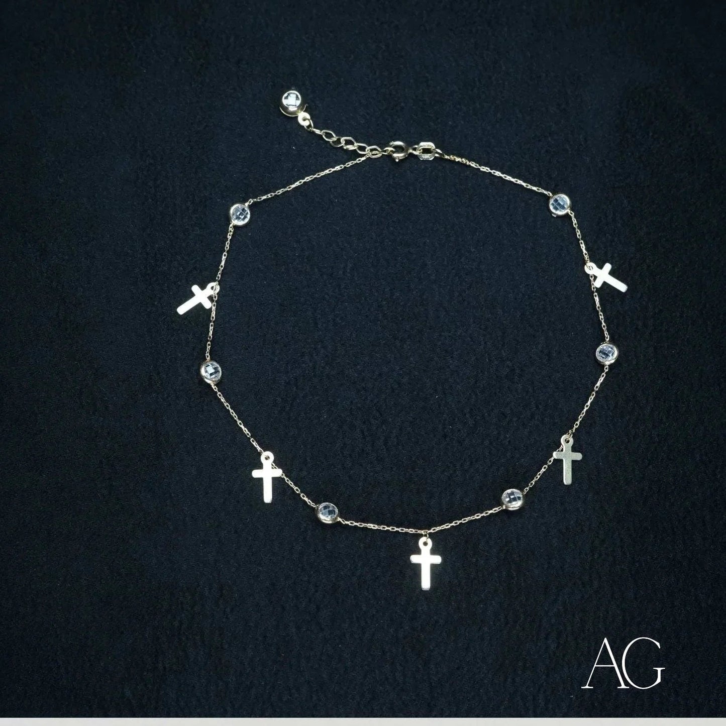 Delicate Art Gold 18k Charms Anklet with silver cross charms and crystal accents