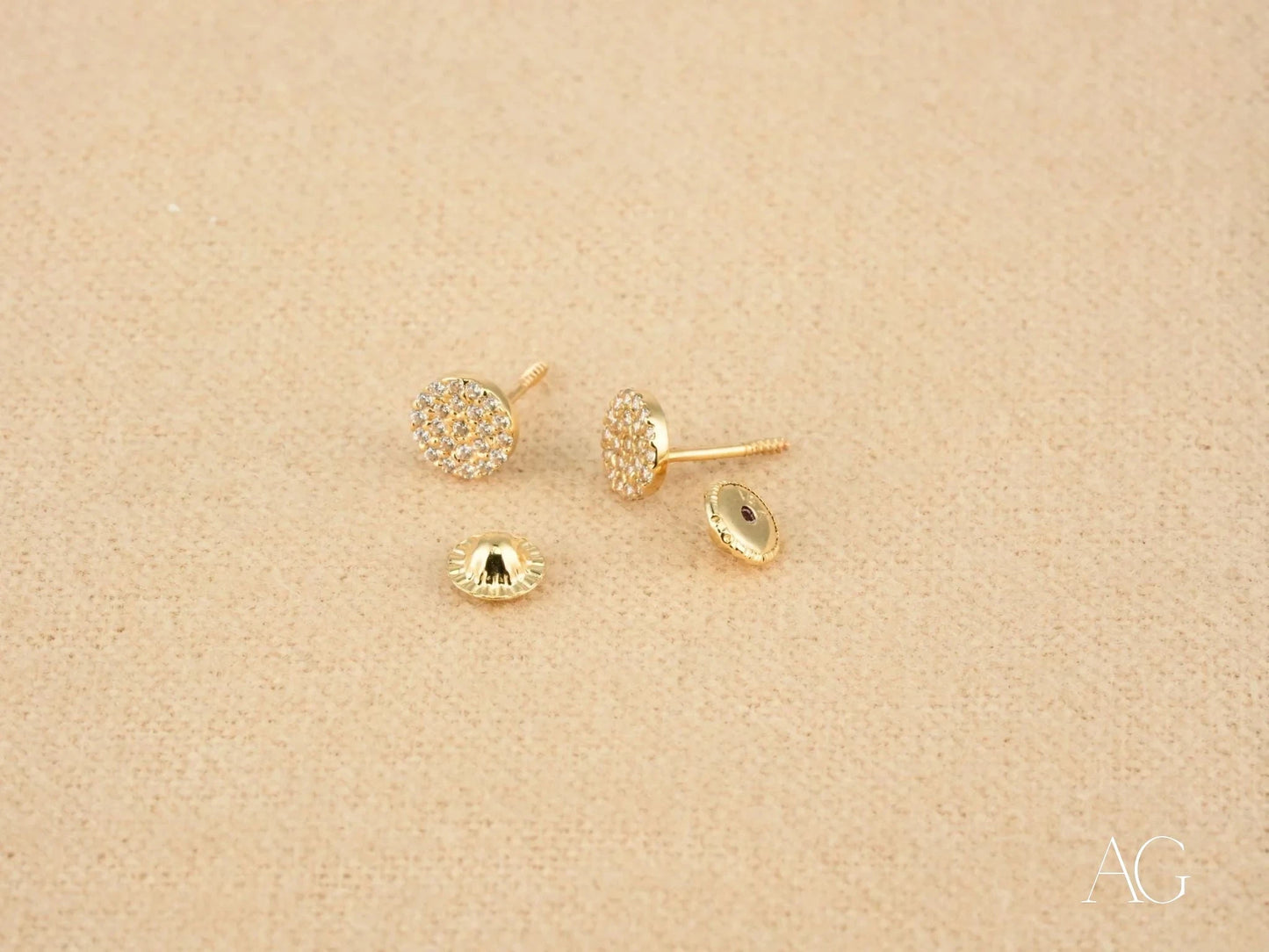 Gold CZ Earrings with Secure Screw Back, Certified 18k Solid Art Gold Jewelry