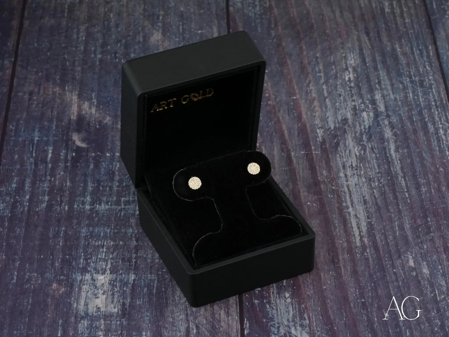 Gold CZ Earrings in a black jewelry box, showcasing certified 18k solid art gold jewelry