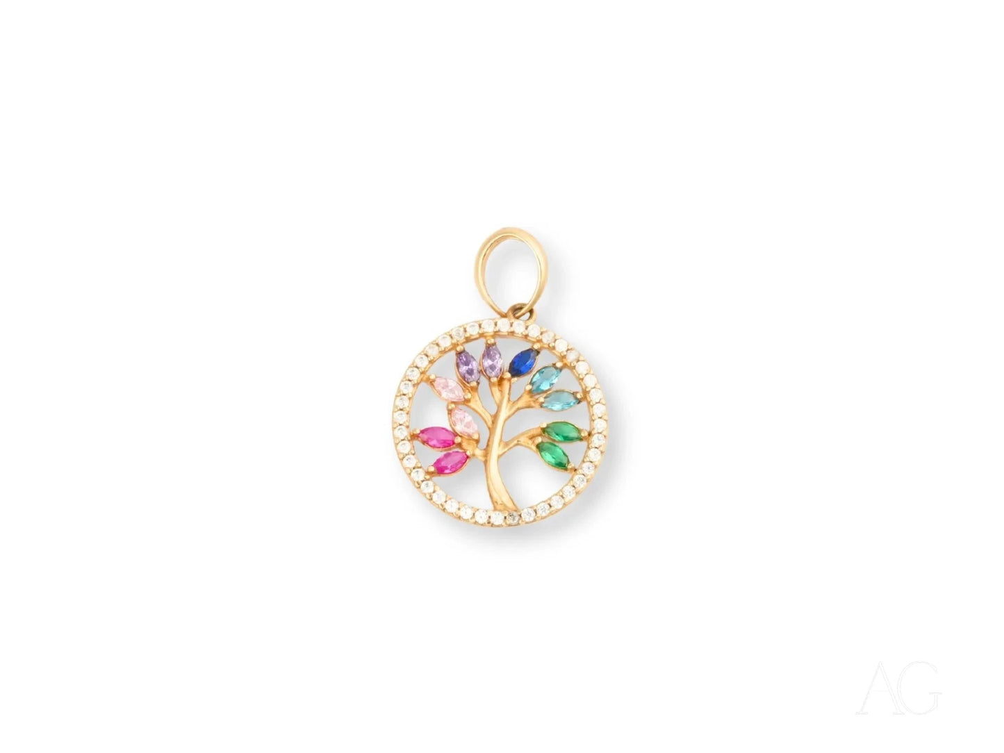 Gold Tree of Life pendant adorned with colorful cubic zirconia and pearl border