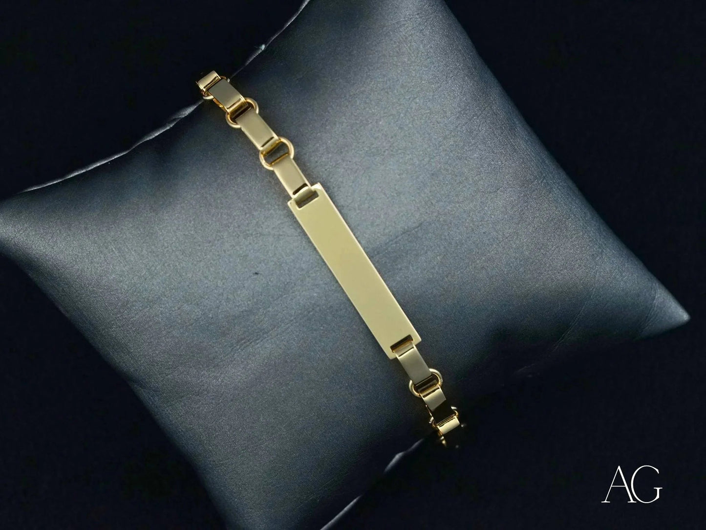 Gold-toned metal bracelet with rectangular plate in Solid 18k Gold Kid’s ID Bracelet design