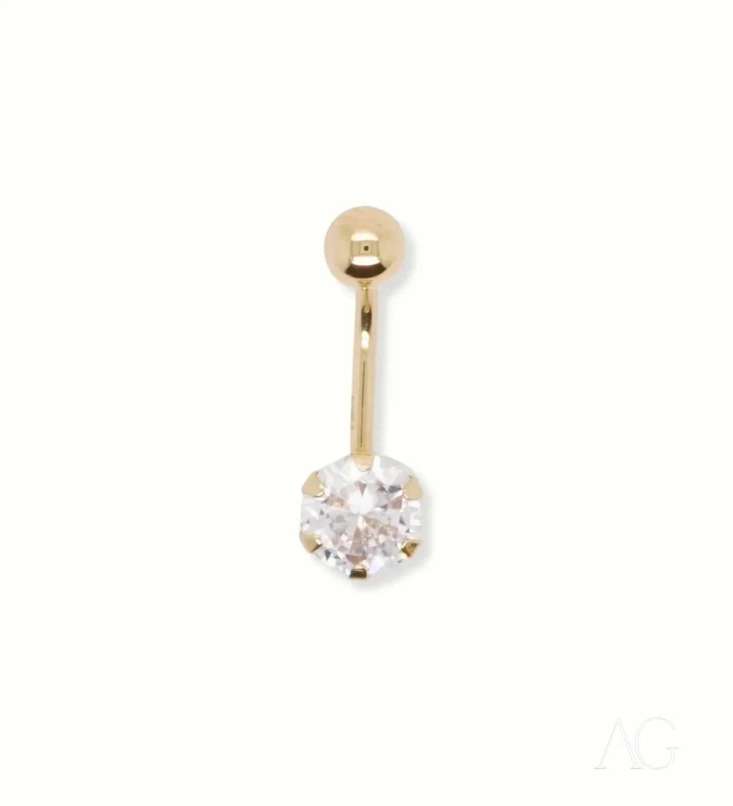 Gold belly button ring with clear cubic zirconia in 18k gold setting