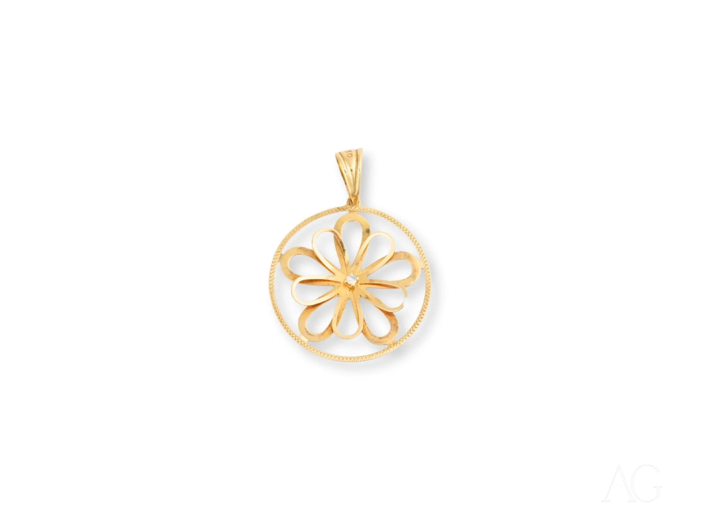 Gold Blooming Grace Flower Pendant with circular frame and cutout petals in 18k gold