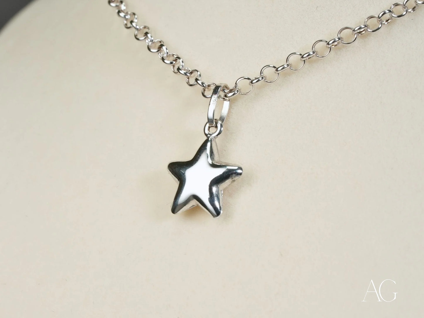 Silver star pendant on an 18k white gold chain necklace, Celestial Star design