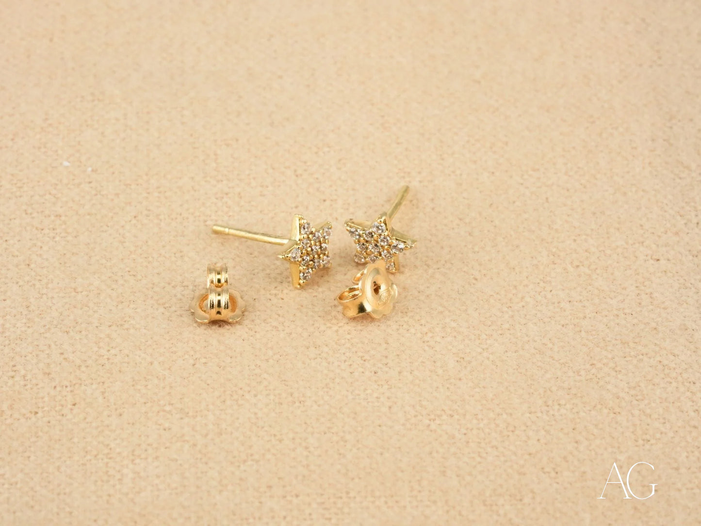 Gold star earrings and backs in CZ Star Earrings - certified 18k solid art gold jewelry