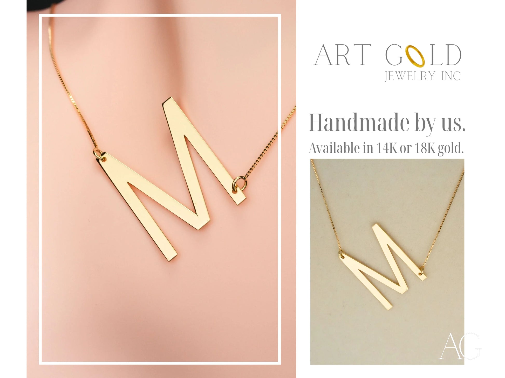 Gold letter M initial letter pendant necklace with box chain, personalized letter pendant