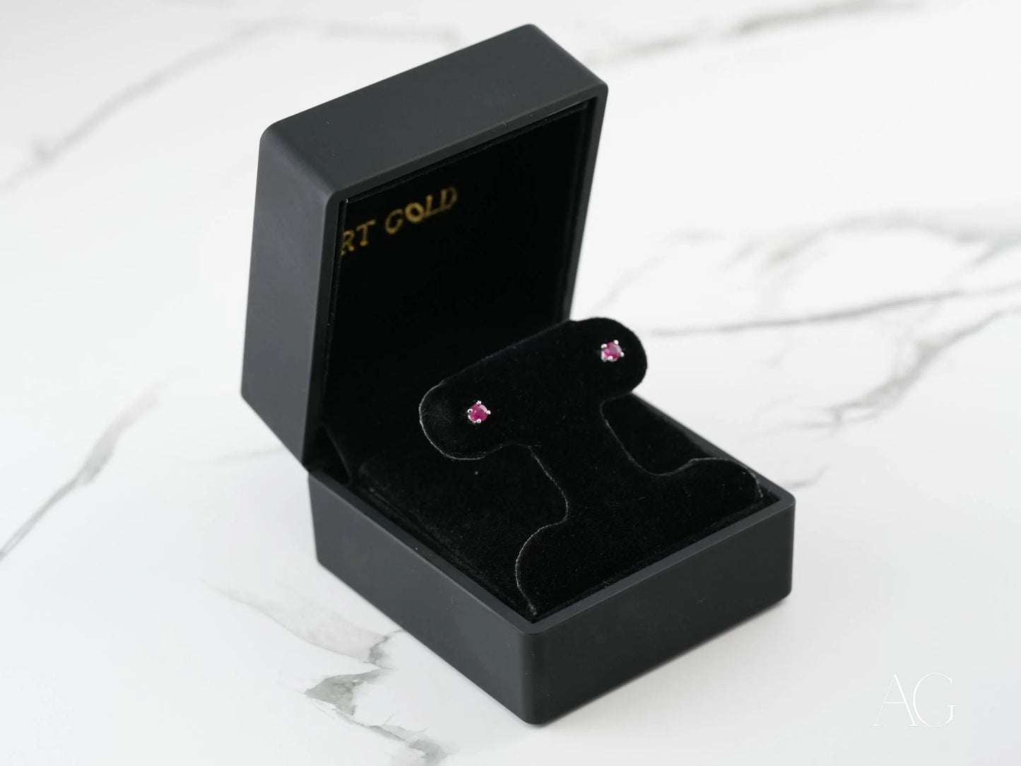 Square Ruby Stud Earrings in a Black Jewelry Box - Scarlet Whispers White Gold Ruby Jewelry