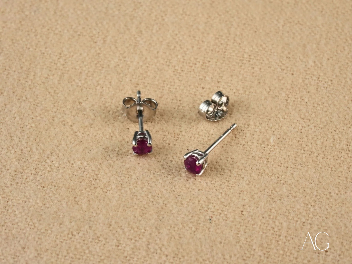 Pair of Silver Ruby Stud Earrings in Scarlet Whispers 18K White Gold Jewelry