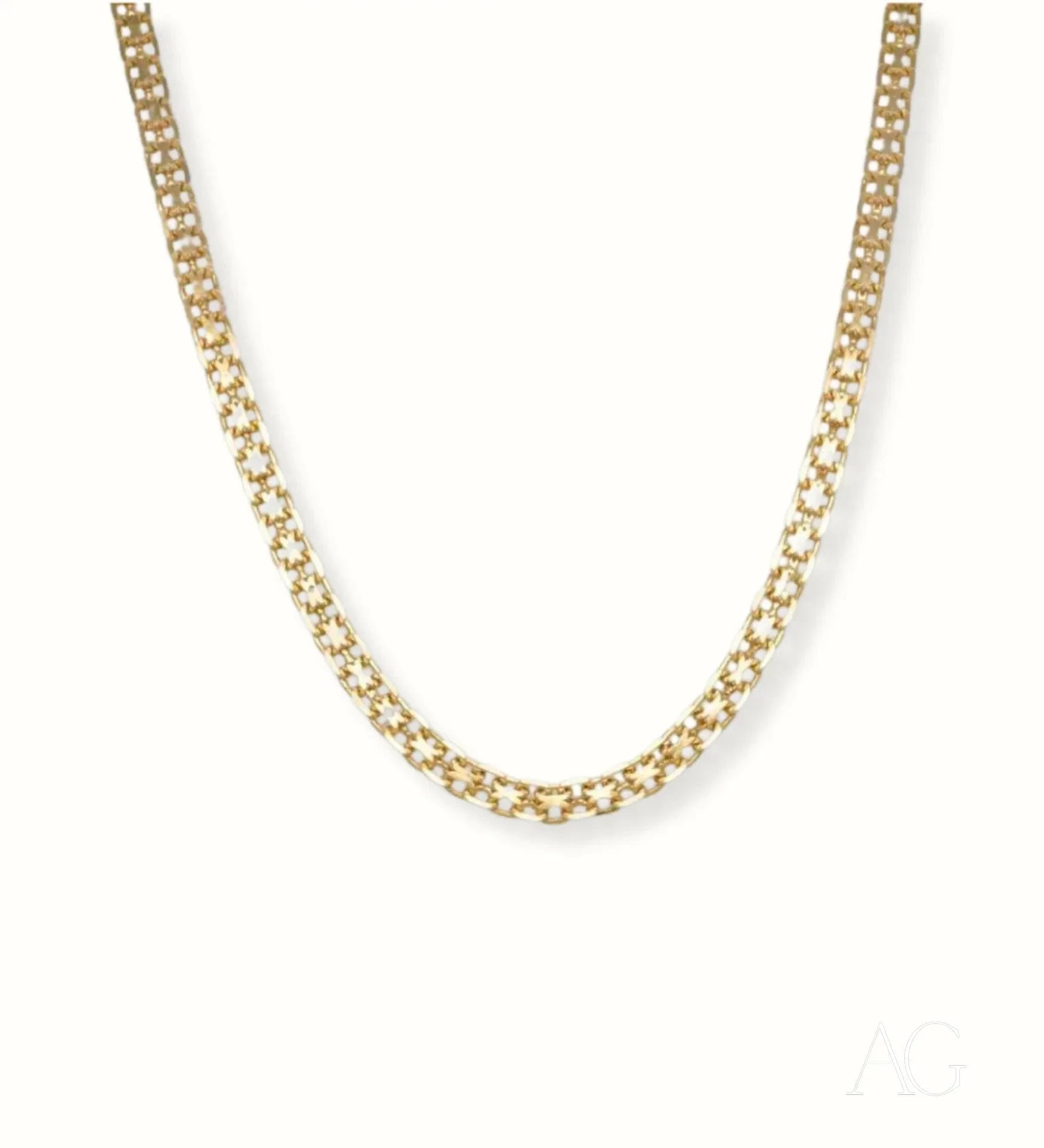 Gold chain necklace featuring a delicate link pattern in authentic 18k gold modern jewelry