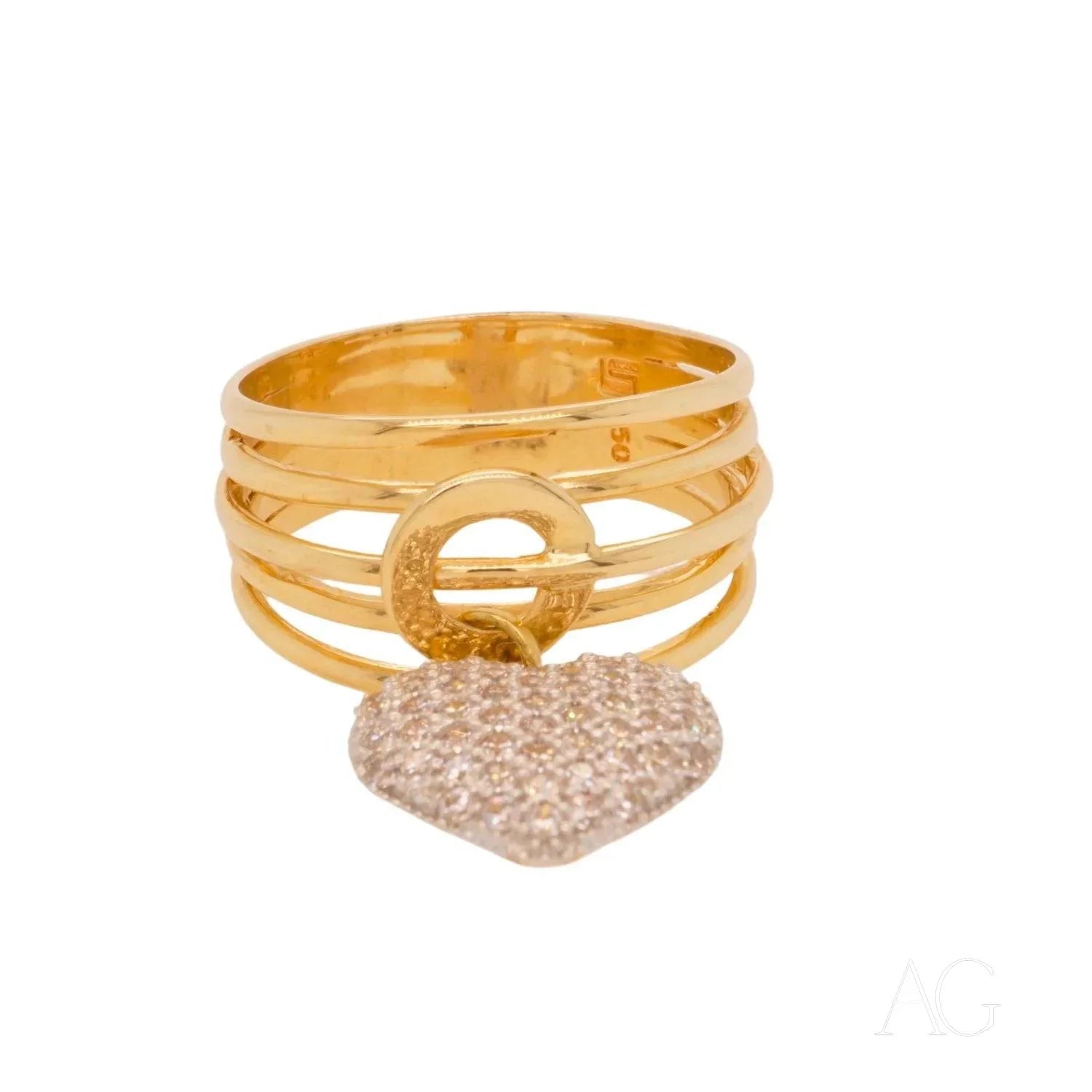 18k Gold heart ring with multiple bands and dangling charm, a symbol of love