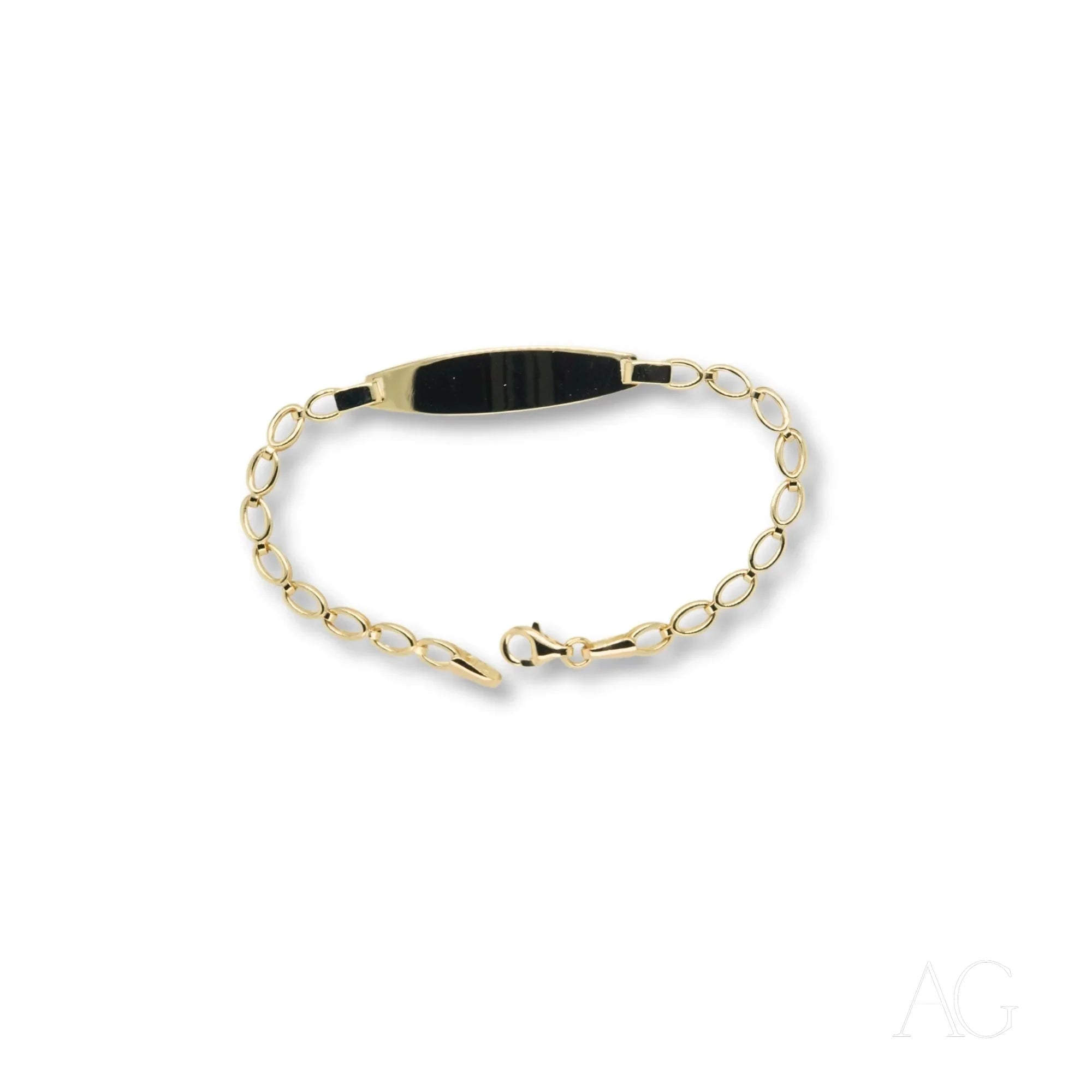 18k gold ID bracelet for kids featuring a gold chain and black rectangular centerpiece