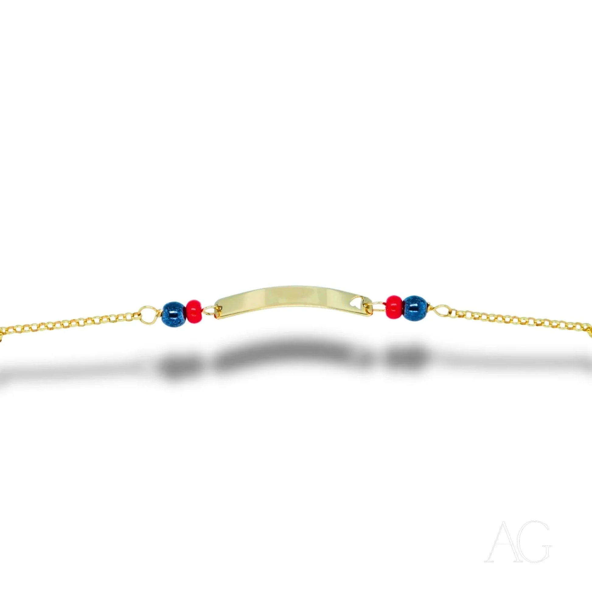 18k Gold Kids Bracelet featuring Heart Symbol, Nameplate, and Black Coral Beads