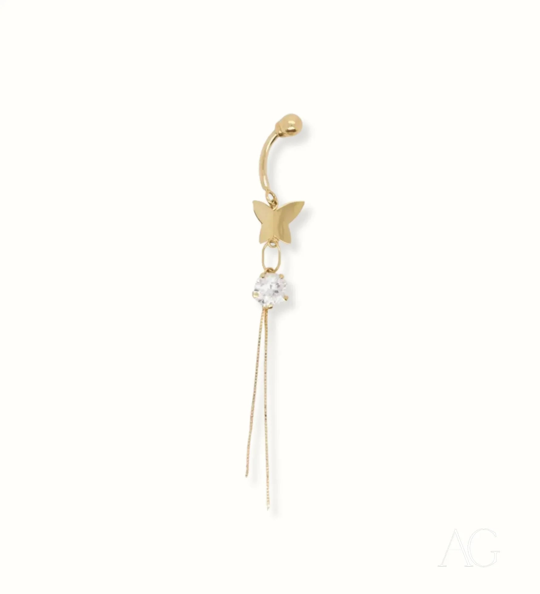 Delicate 18k Gold Bellybutton Piercing with Cubic Zirconia Butterfly and Chains