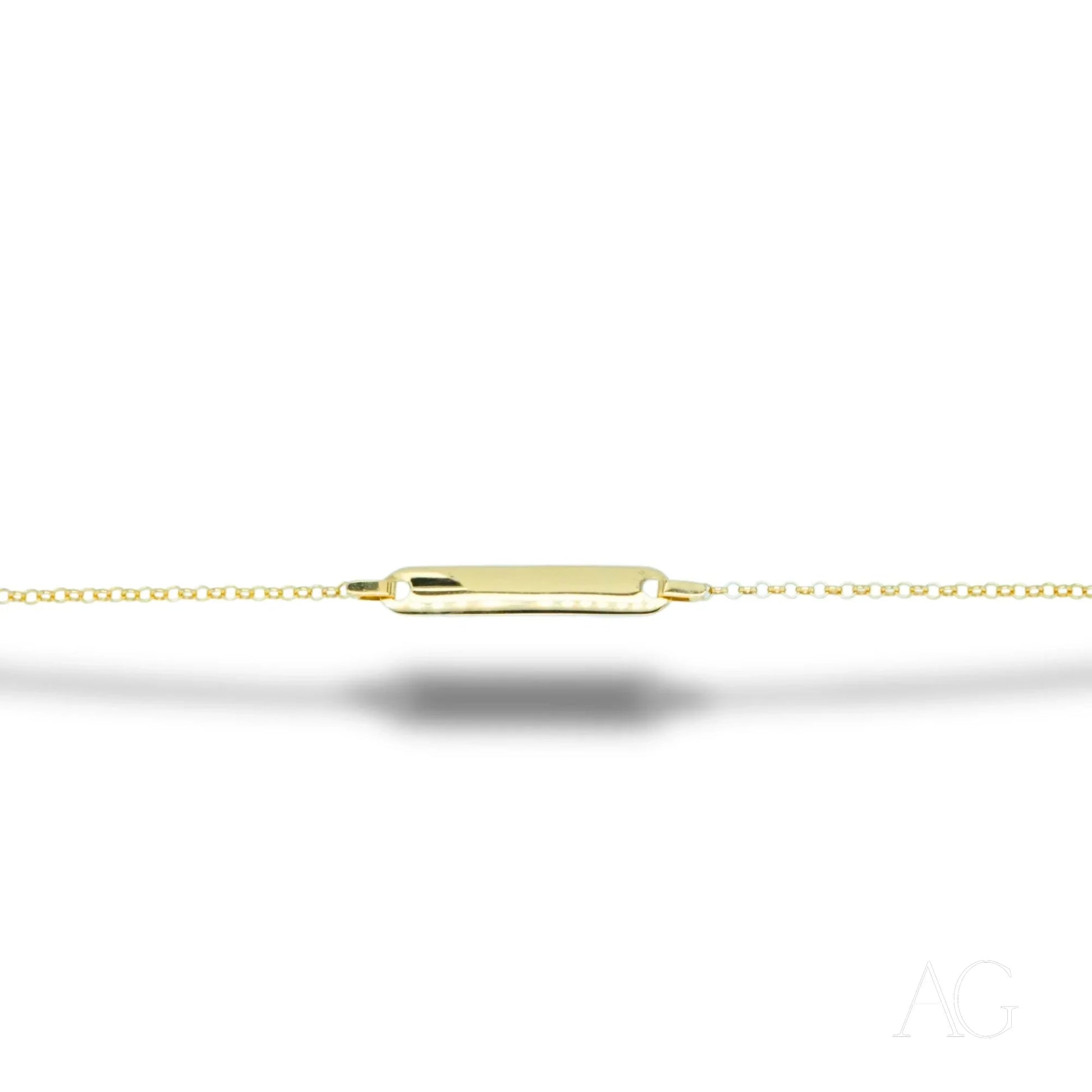 Delicate 18k gold personalized kids bracelet for tiny wrists with rectangular id tag