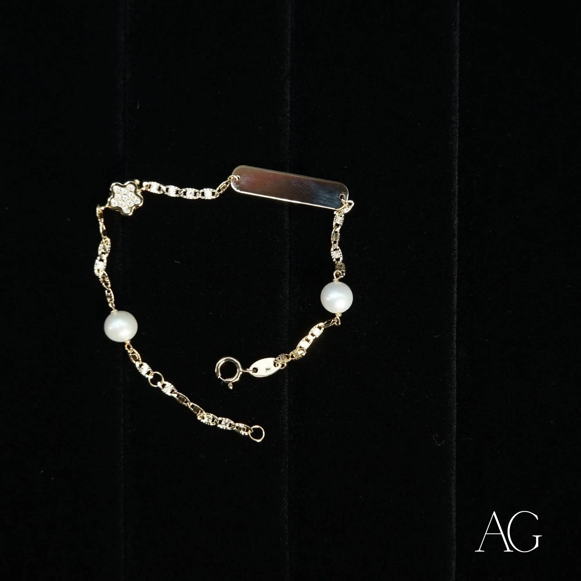 Delicate 18k Gold ID Bracelet with Cubic Zirconia and Pearls for Little Ones