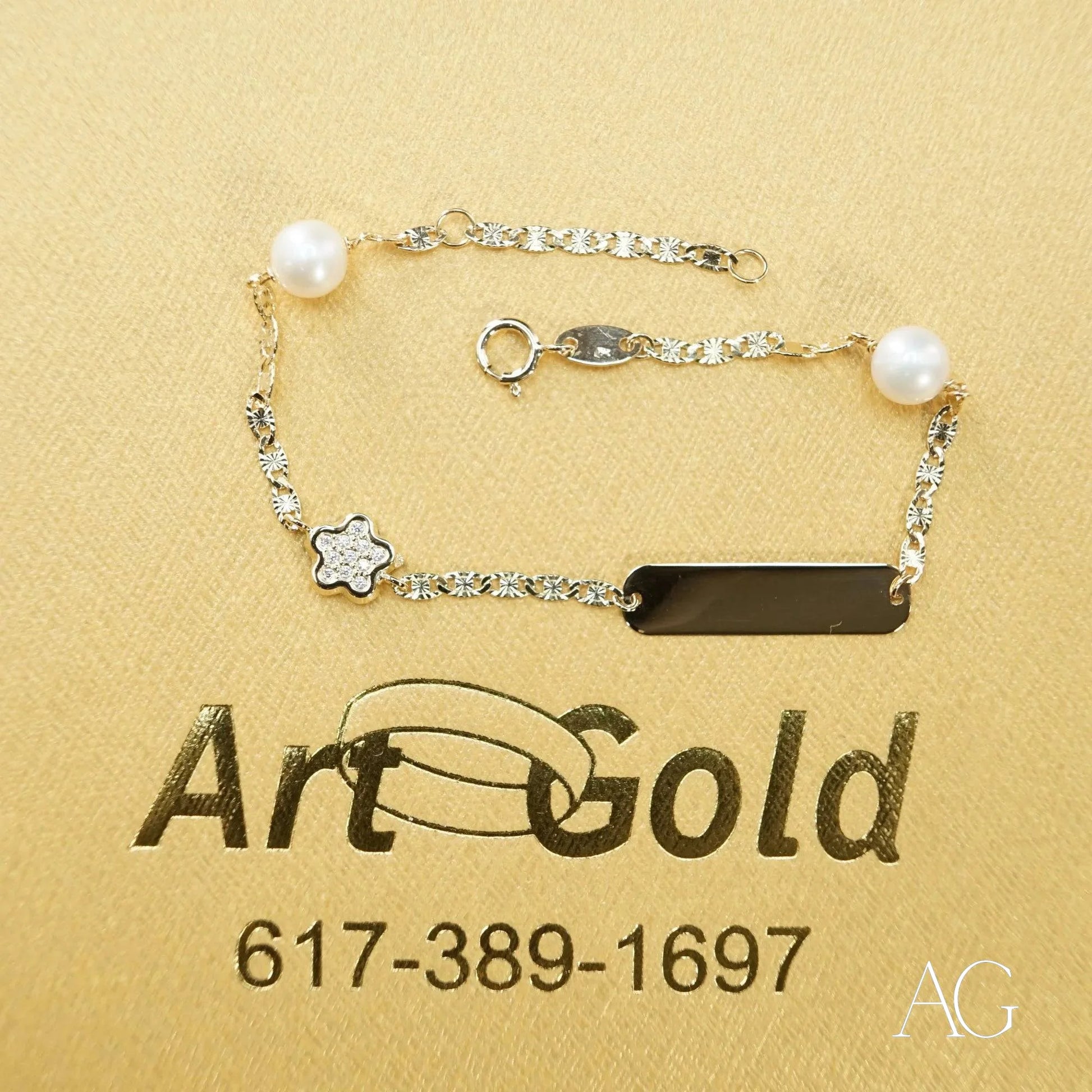 Delicate 18k Gold ID Bracelet with Cubic Zirconia, Pearls, and Crystals for Little Ones