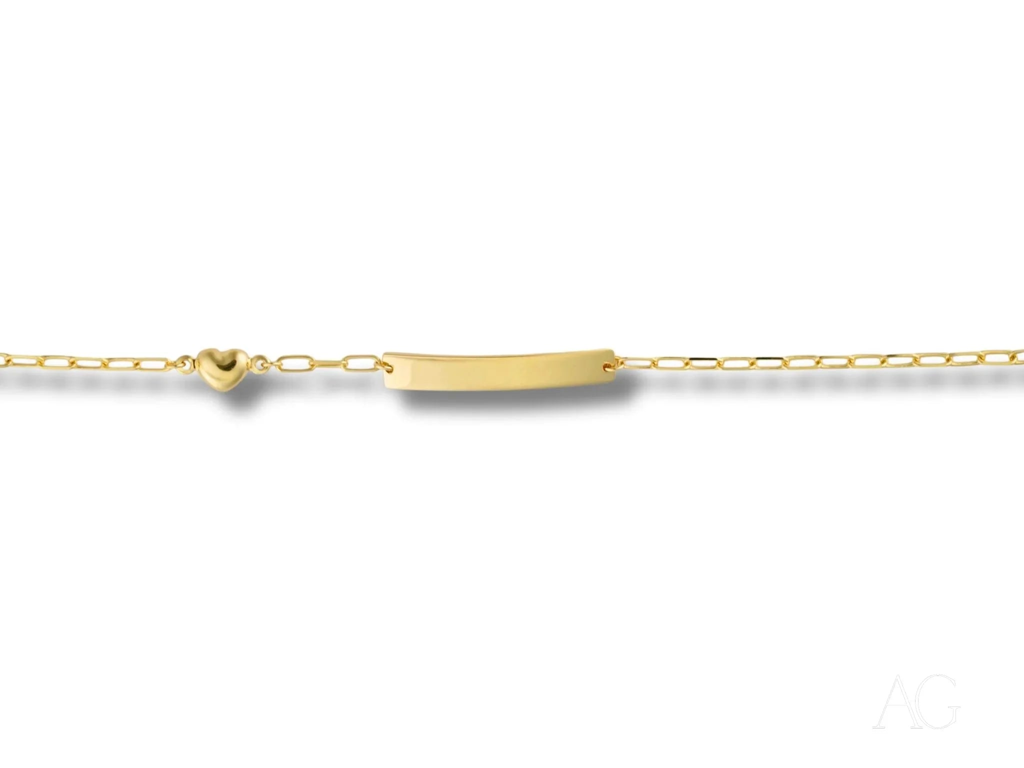 Delicate solid 18k gold kid’s bracelet with heart charm and custom engraving plate