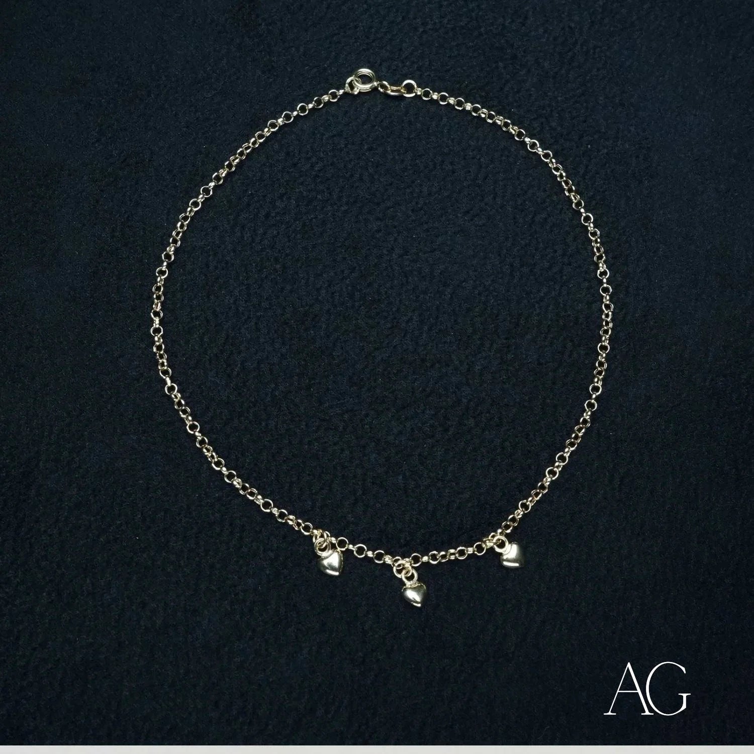 Delicate silver chain with three small pendant charms for 18k Gold Heart Charm Anklet