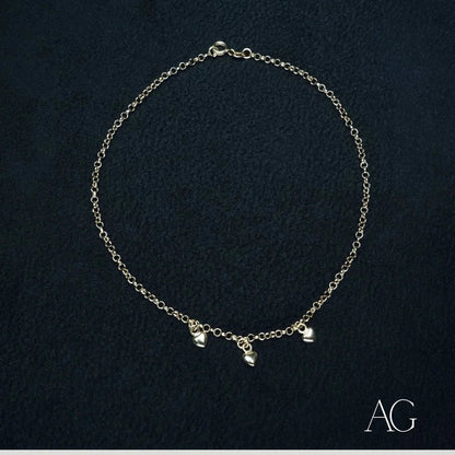 Delicate silver chain with three small pendant charms for 18k Gold Heart Charm Anklet