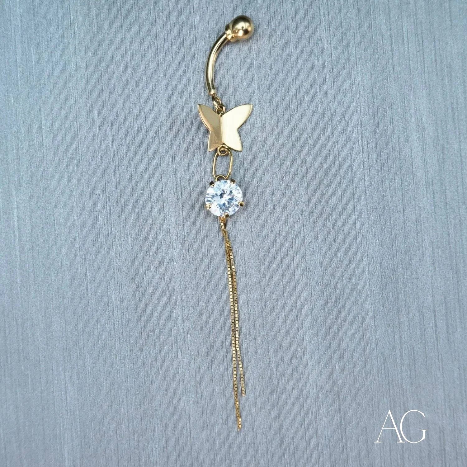 Gold Bellybutton Piercing with Cubic Zirconia Butterfly and Crystal Accent in 18k Gold