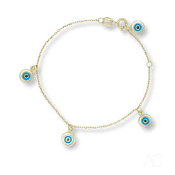 Delicate 18k gold evil eye bracelet for kids with light blue charms