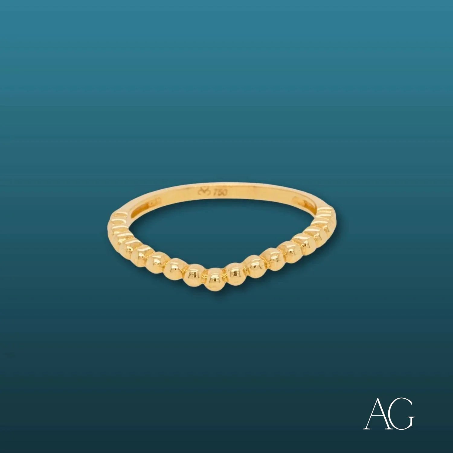 Delicate 18k gold elegant ring with a curved design and small bead accents