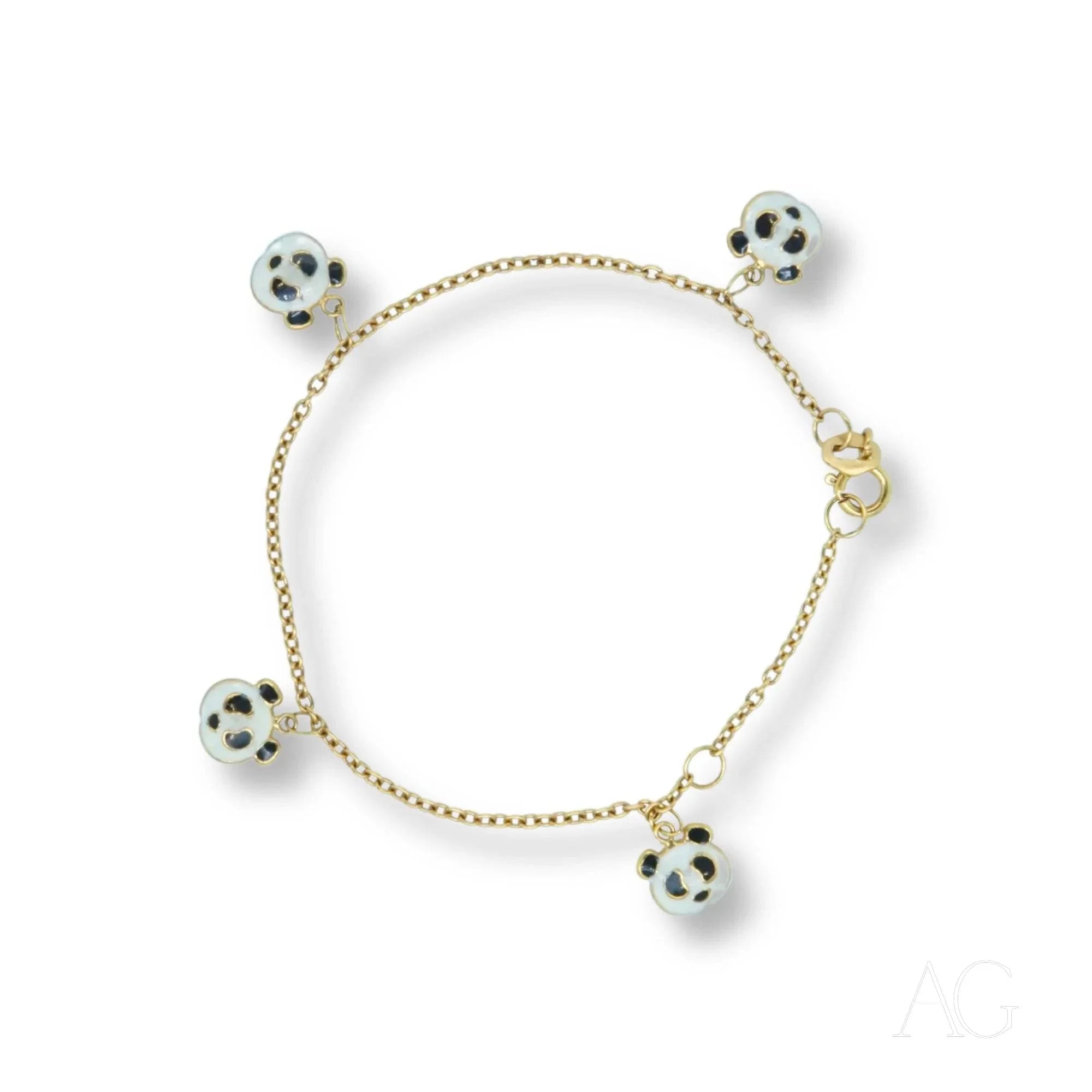 18k gold bracelet featuring dangling soccer ball charms and gold panda design