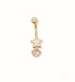 18k Gold Star and Heart Bellybutton Piercing with a star-shaped gem and heart charm