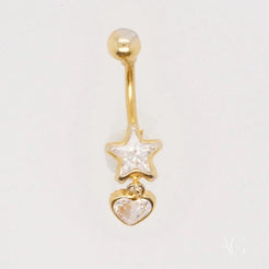 18k Gold Star and Heart Bellybutton Piercing with a dangling heart charm and star gem