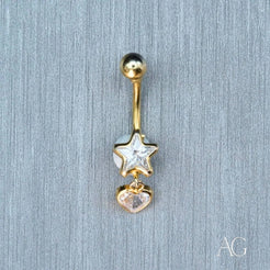 18k Gold Bellybutton Piercing with Star Gem and Dangling Heart Charm in Gold Jewelry