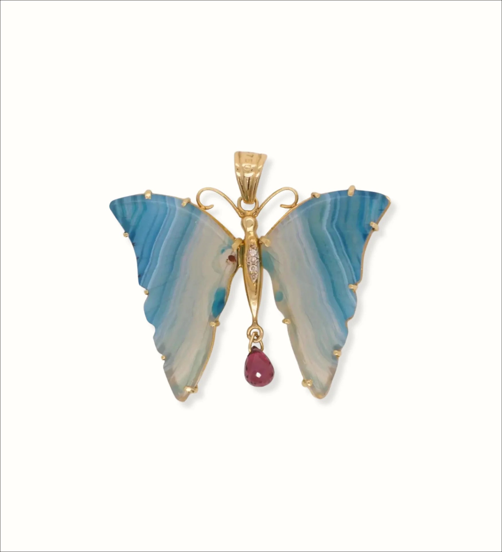 18k Yellow Gold Butterfly Pendant with Agate Rhodolite