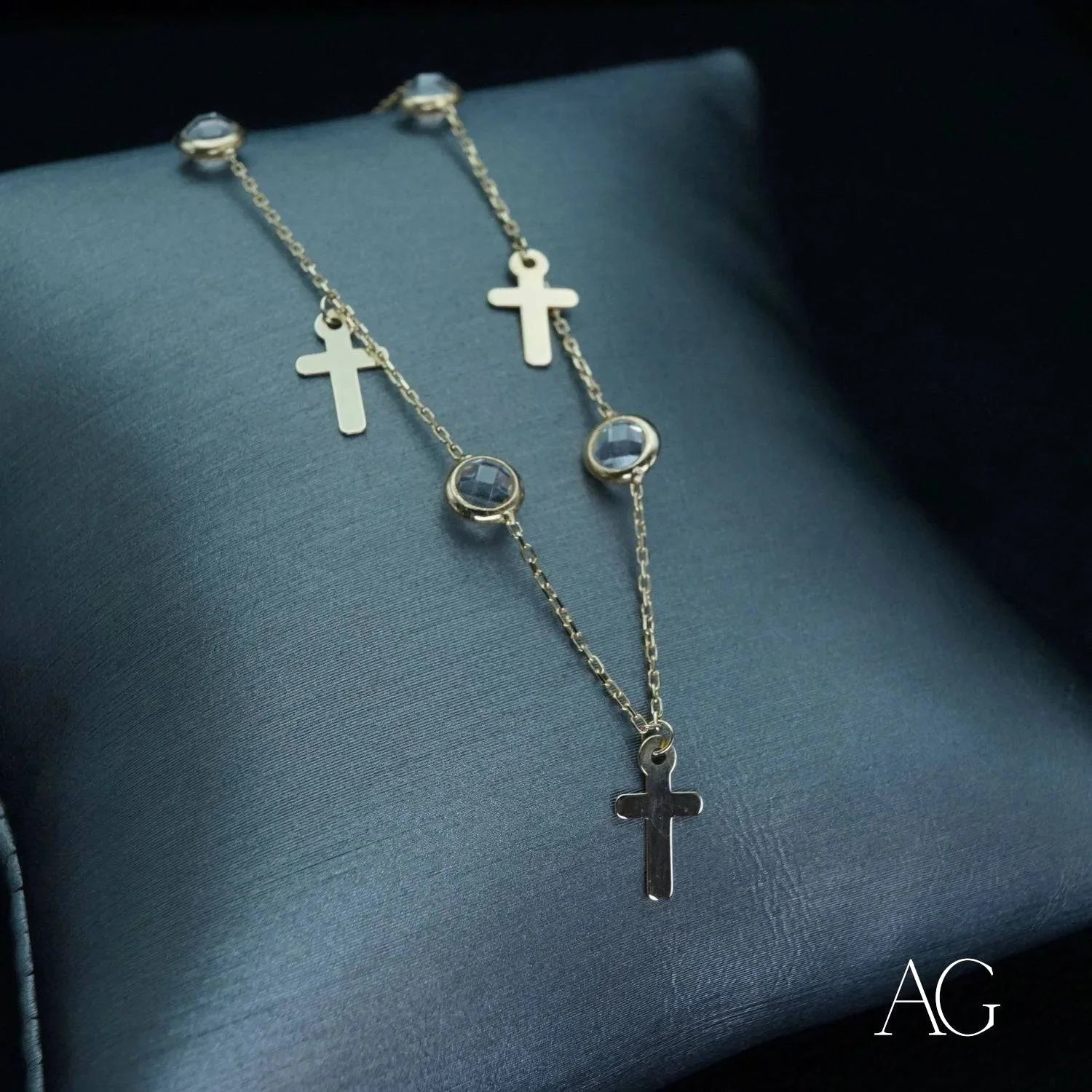 Delicate gold jewelry necklace with cross pendants and gemstones for Art Gold 18k Charms Anklet