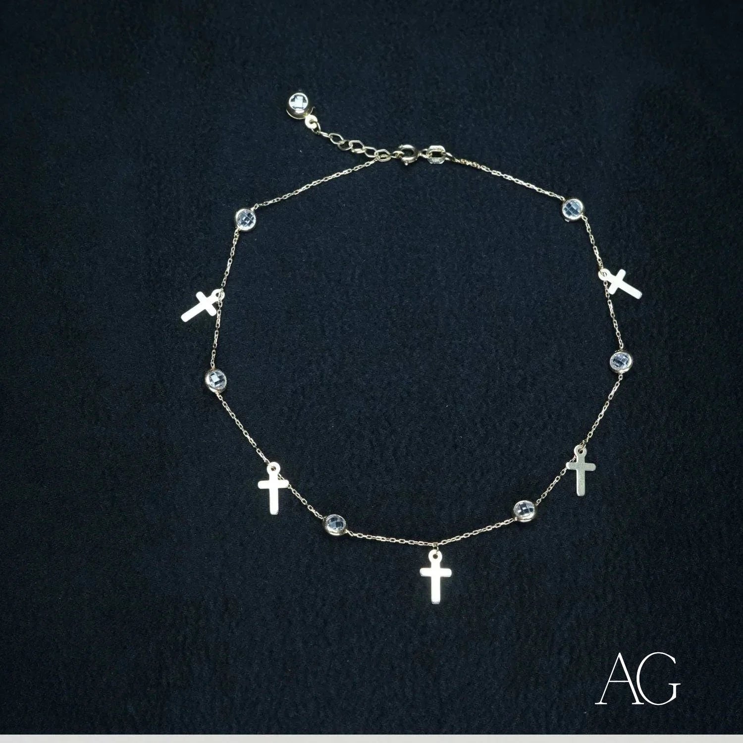 Delicate Art Gold 18k Charms Anklet with silver cross charms and crystal accents