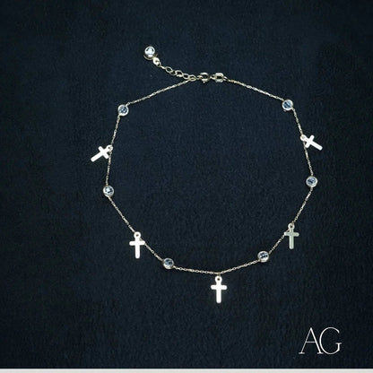 Delicate Art Gold 18k Charms Anklet with silver cross charms and crystal accents