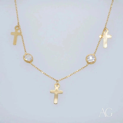 Gold jewelry featuring a gold necklace with crosses and crystal accents for Art Gold 18k charms anklet