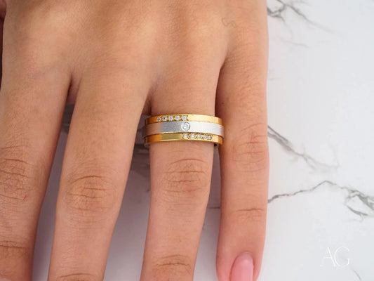 Celestial Grace Two-Tone Gold Wedding Band featuring 14k gold and inset diamonds