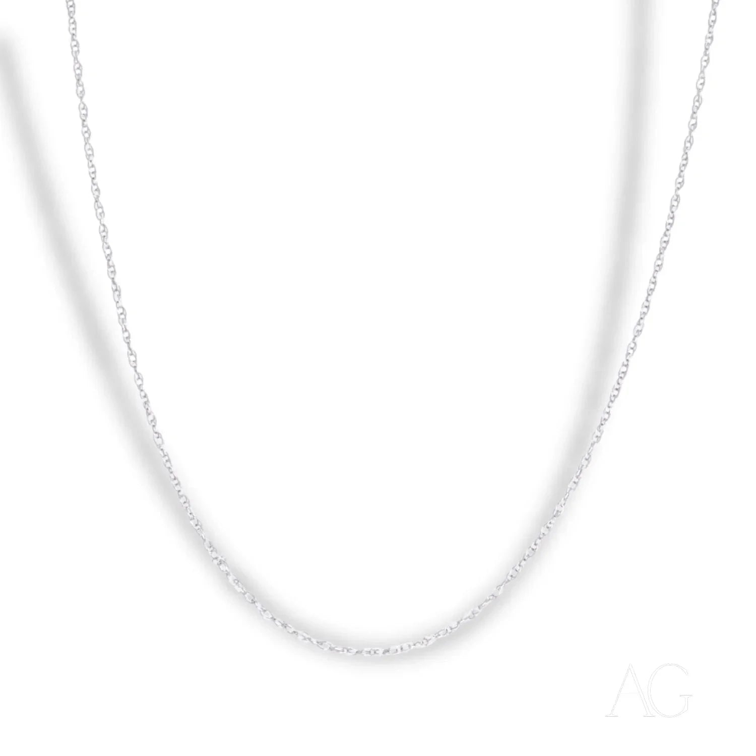 Dainty 14k white gold rope chain necklace with a simple, elegant design