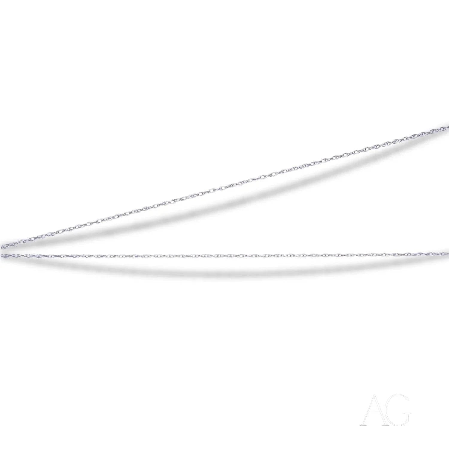 Thin metal tweezers with pointed tips beside a Dainty 14k White Gold rope chain