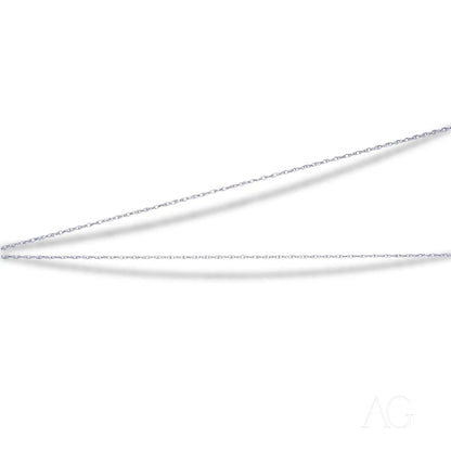 Thin metal tweezers with pointed tips beside a Dainty 14k White Gold rope chain