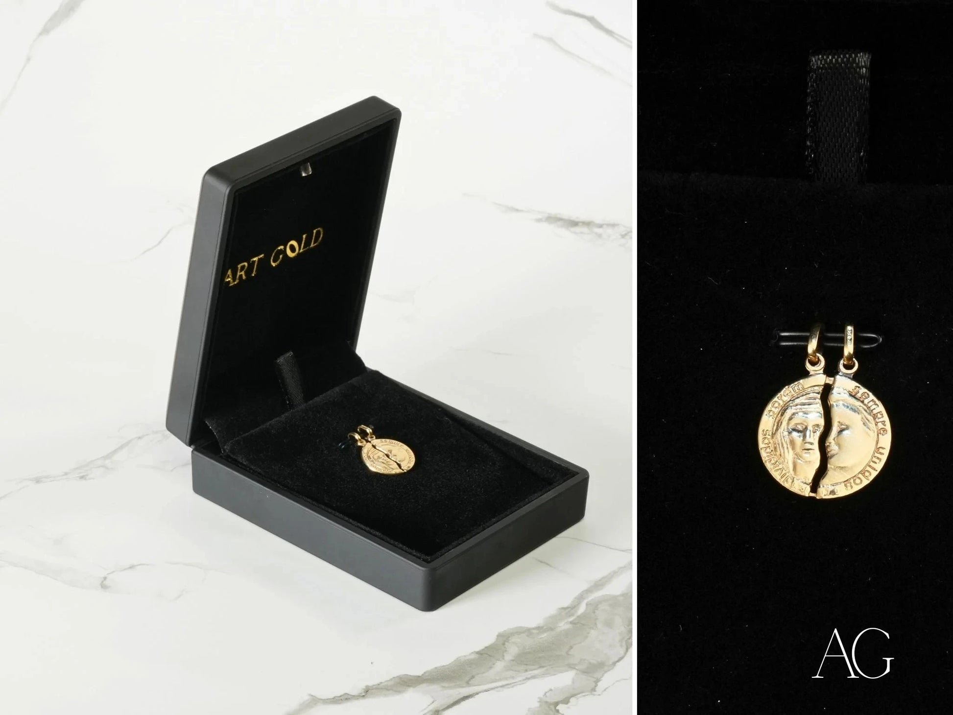 Gold-toned Dual Harmony Two Faces Pendant in a black jewelry box, 18k gold design