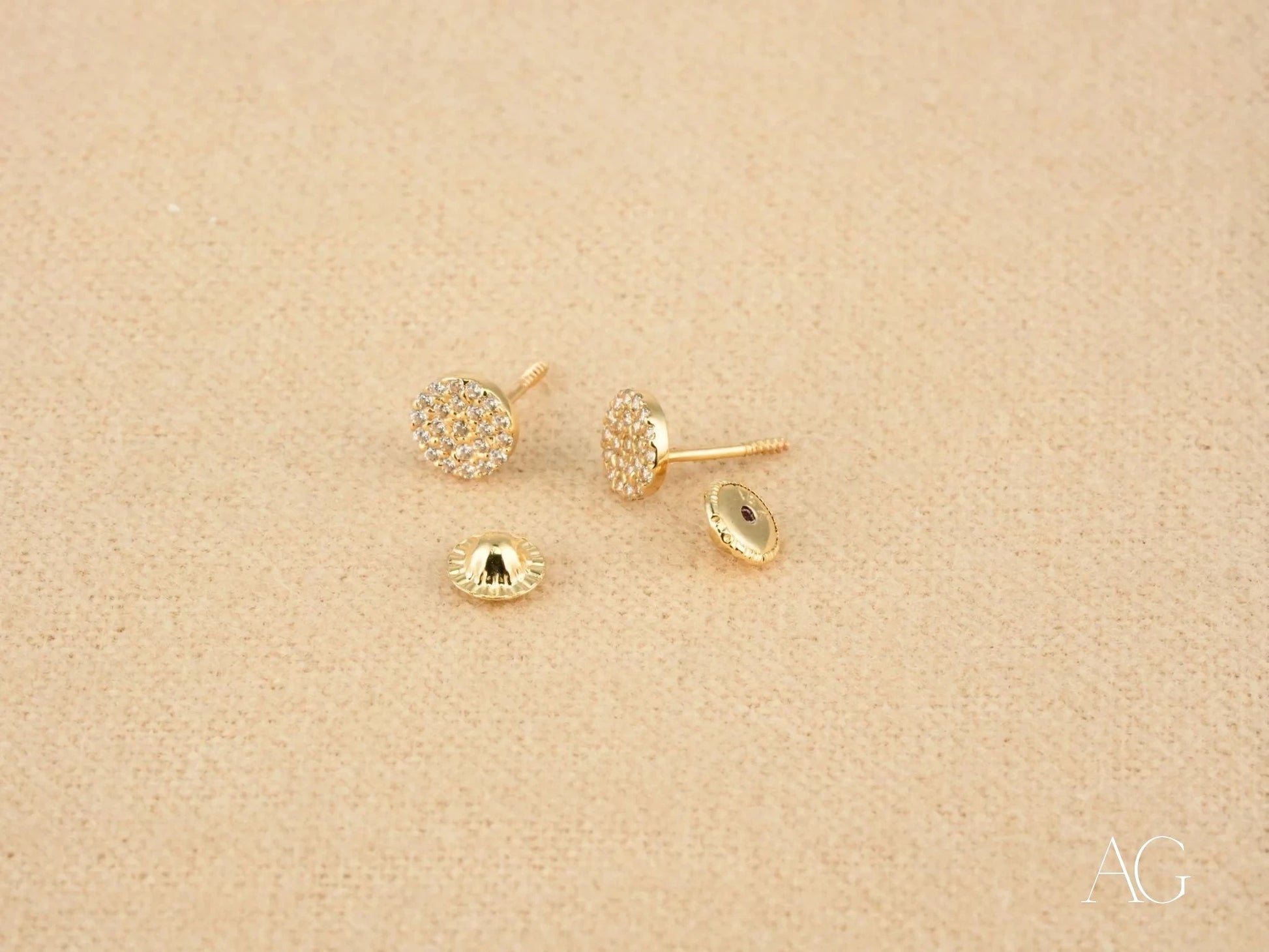 Gold CZ Earrings with Secure Screw Back, Certified 18k Solid Art Gold Jewelry