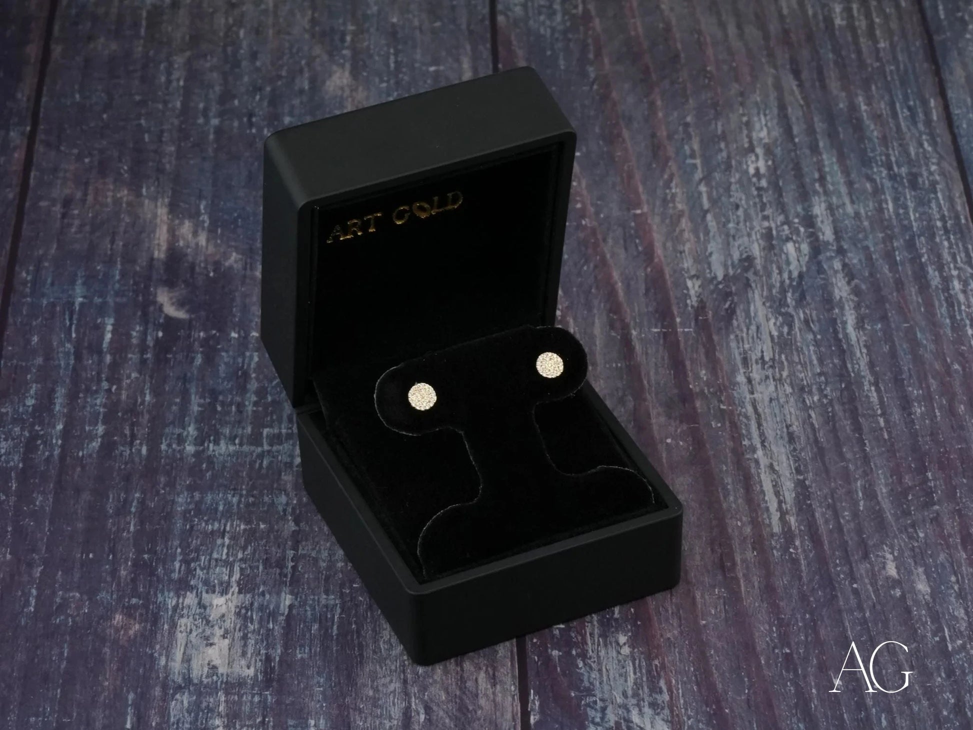 Gold CZ Earrings in a black jewelry box, showcasing certified 18k solid art gold jewelry