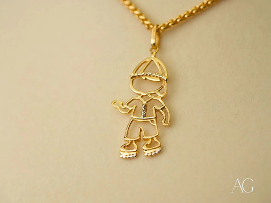 Gold pendant necklace featuring stick figure boy in hat from Golden Cherish collection