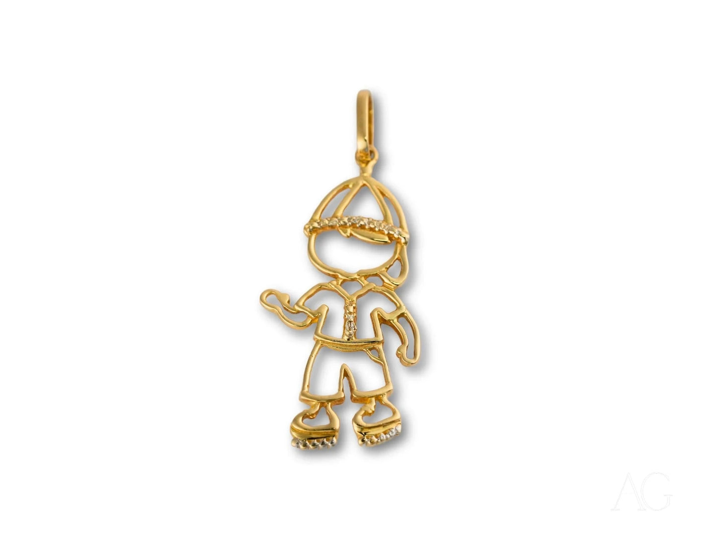 Gold outline pendant of a boy figure in a cap from the Golden Cherish collection