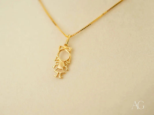 18k Gold Golden Grace Doll Girl Pendant Necklace with a charming stick figure design