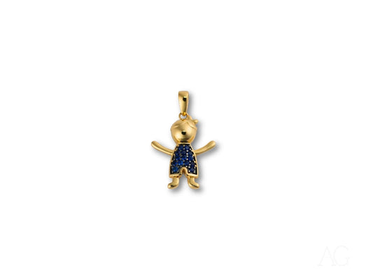 Gold pendant charm of a boy figure with blue gemstone in 18k gold Golden Love design