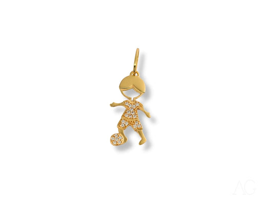 Gold pendant charm of a soccer player with crystals from Golden Play in 18k gold
