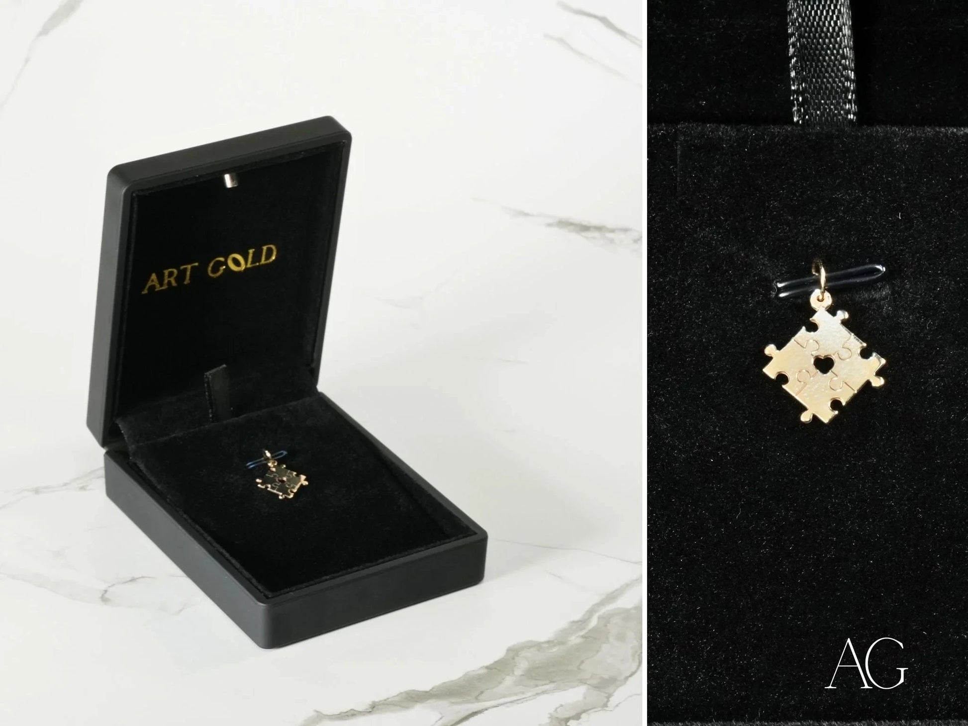 Gold puzzle piece pendant in a black box for Autism Awareness in 18k gold