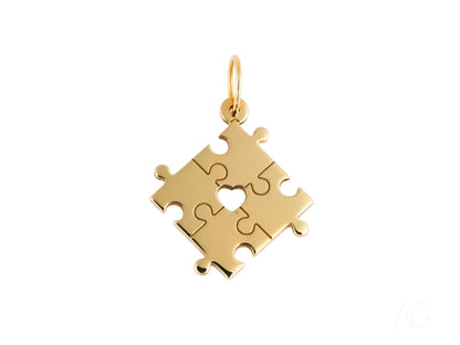 Gold puzzle piece pendant with heart for Autism Awareness, featuring a golden puzzle design
